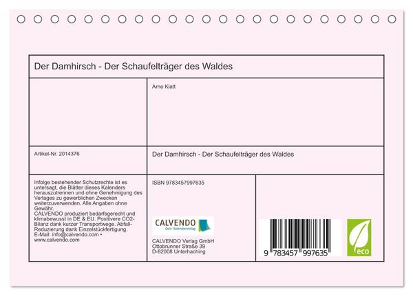 Produktbild: Der Damhirsch - Der Schaufeltr&auml;ger des Waldes (Tischkalender 2026 DIN A5 quer), CALVENDO Monatskalender