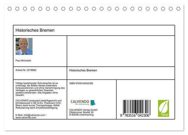 Produktbild: Historisches Bremen (Tischkalender 2026 DIN A5 quer), CALVENDO Monatskalender