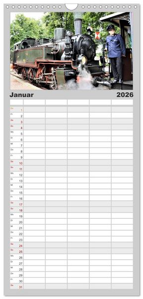 Produktbild: Familienplaner 2026 - Dampflok-Nostalgie - schwere Lokomotiven mit 5 Spalten (Wandkalender, 21 x 45 cm) CALVENDO
