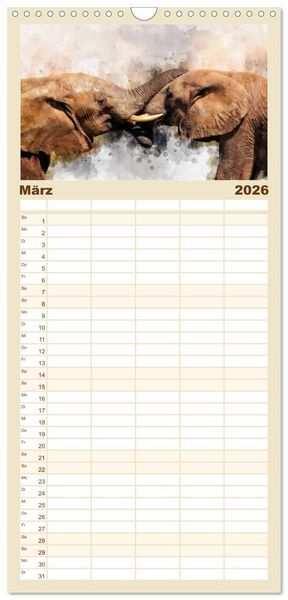 Produktbild: Familienplaner 2026 - Elefanten - k&uuml;nstlerische Impressionen der gr&ouml;&szlig;ten noch lebenden Landtiere mit 5 Spalten (Wandkalender, 21 x 45 cm) CALVENDO