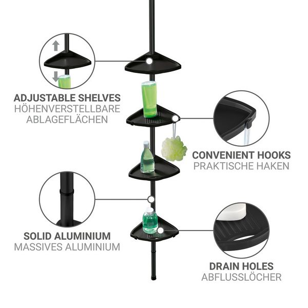 Produktbild: Duschecke Mod. Compact, schwarz, Aluminium, 26x78-275x19,5 cm, 4 Ablagen, 8 Haken, teleskopisch