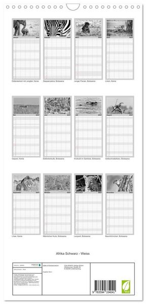 Produktbild: Familienplaner 2027 - Afrika Schwarz - Weiss mit 5 Spalten (Wandkalender, 21 x 45 cm) CALVENDO