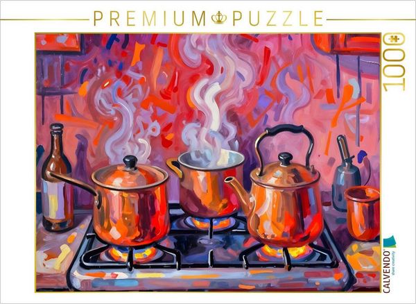 CALVENDO Puzzle Kupferglut - Kupfertöpfe am Herd | 1000 Teile Lege-Größe 64x48cm Foto-Puzzle für glückliche Stunden