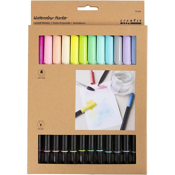 Produktbild: Creativ Company Aquarell-Markern, Pastellfarben, Strichst&auml;rke , 2+4-8 mm, sortierte Farben, 12 Stk
