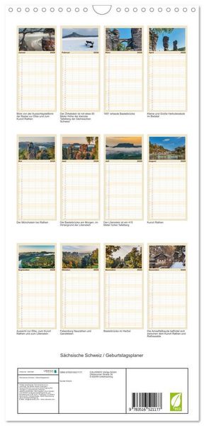 Produktbild: Familienplaner 2026 - S&auml;chsische Schweiz / Geburtstagsplaner mit 5 Spalten (Wandkalender, 21 x 45 cm) CALVENDO