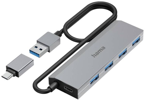 Hama 00200138 USB-Hub 4 Port USB-A USB 3.2 Gen1 5 GBit/s mit USB-C Stecker Grau
