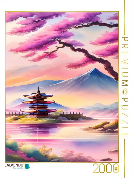 Produktbild: CALVENDO Puzzle Japanische Landschaft, im Vordergrund bl&uuml;hende Mandelb&auml;ume. Erstellt mit KI | 2000 Teile Lege-Gr&ouml;&szlig;e 90x67cm Foto-Puzzle f&uuml;r gl&uuml;ckliche