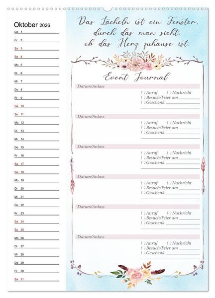 Produktbild: Geburtstagsplaner Boho Blau - F&uuml;r Termine, Geschenke, Eventdetails & mehr (Wandkalender 2026 DIN A2 hoch), CALVENDO Monatskalender