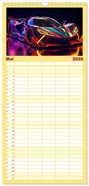 Produktbild: Familienplaner 2026 - Futuristische Neon Cars mit 5 Spalten (Wandkalender, 21 x 45 cm) CALVENDO