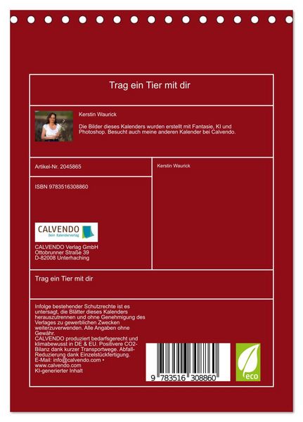 Produktbild: Trag ein Tier mit dir (Tischkalender 2026 DIN A5 hoch), CALVENDO Monatskalender