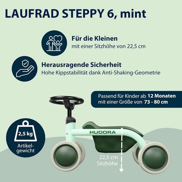 Produktbild: HUDORA 10913 - Laufrad Steppy 6 mint, Lauflernrad f&uuml;r Kinder von 73-80 cm, Sitzh&ouml;he: 22,5 cm