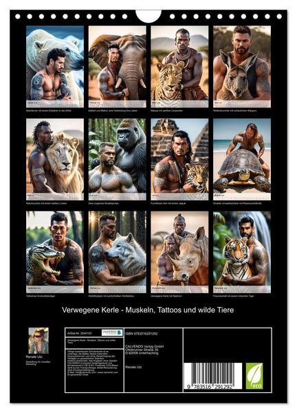 Produktbild: Verwegene Kerle - Muskeln, Tattoos und wilde Tiere (Wandkalender 2026 DIN A4 hoch), CALVENDO Monatskalender