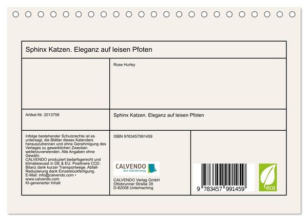 Produktbild: Sphinx Katzen. Eleganz auf leisen Pfoten (Tischkalender 2026 DIN A5 quer), CALVENDO Monatskalender