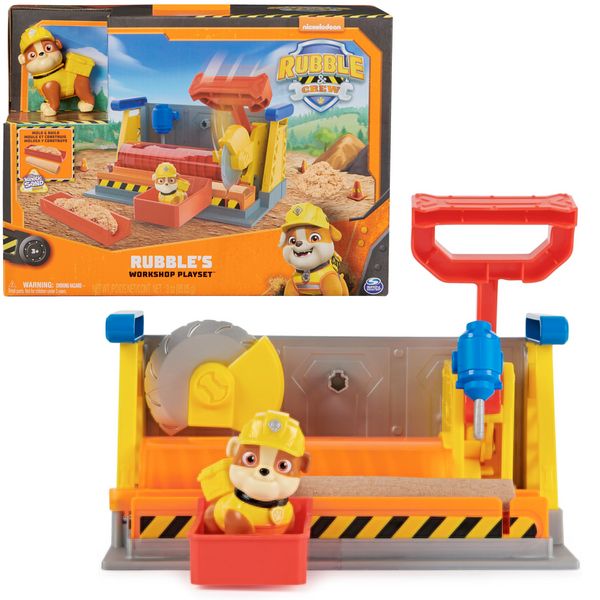 Rubble & Crew - Werkstatt Spielset mit 2 Werkzeug-Aufsätzen, 1 Rubble Hundefigur, 85g Kinetic Sand Build-it Sand und 1 Sandform