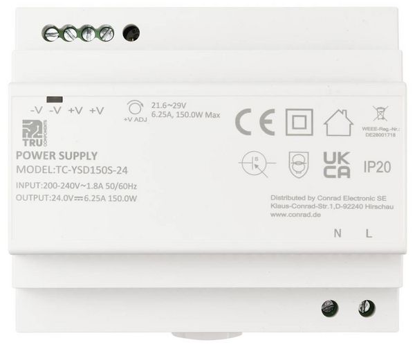 Produktbild: TRU COMPONENTS TC-13710896 Hutschienen-Netzteil (DIN-Rail) Verbrauch (StandBy) 0.3 W 24 V/DC 6.25 A 150 W Anzahl Ausg&auml;nge:1 x Inhalt 1 St.
