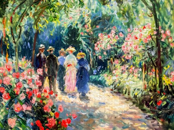 Produktbild: CALVENDO Puzzle Impressionistische Spazierg&auml;nger im bl&uuml;henden Rosengarten | 1000 Teile Lege-Gr&ouml;&szlig;e 64x48cm Foto-Puzzle f&uuml;r gl&uuml;ckliche Stunden