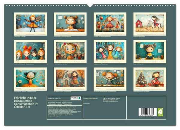 Produktbild: Fr&ouml;hliche Kinder. Bezaubernde Schulm&auml;dchen im &Ouml;lbilder-Stil (hochwertiger Premium Wandkalender 2026 DIN A2 quer), Kunstdruck in Hochglanz