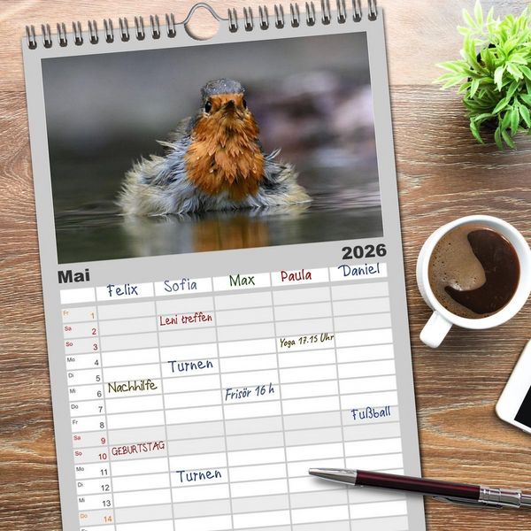 Produktbild: Familienplaner 2026 - V&ouml;gel, Gefiederte Sch&ouml;nheiten mit 5 Spalten (Wandkalender, 21 x 45 cm) CALVENDO