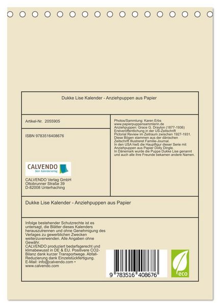 Produktbild: Dukke Lise Kalender - Anziehpuppen aus Papier (Tischkalender 2026 DIN A5 hoch), CALVENDO Monatskalender