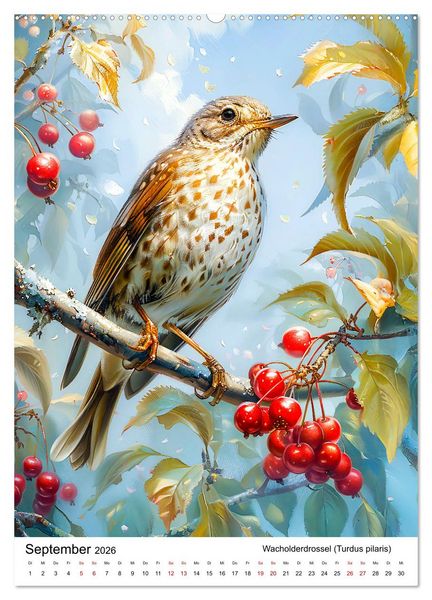 Produktbild: Heimische V&ouml;gel - Singv&ouml;gel zwischen Bl&uuml;ten und Beeren (hochwertiger Premium Wandkalender 2026 DIN A2 hoch), Kunstdruck in Hochglanz