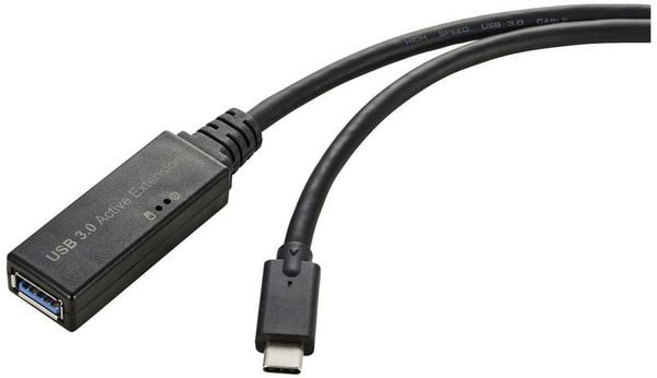 Produktbild: Renkforce USB-Kabel USB 3.2 Gen1 USB-C&reg; Stecker, USB-A Buchse 5.00 m Schwarz Aktiv mit Signalverst&auml;rkung, mit OTG-Funktion RF-5231962