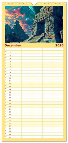 Produktbild: Familienplaner 2026 - Sternenkrieger - Science Fiction Visionen der Maya und Azteken mit 5 Spalten (Wandkalender, 21 x 45 cm) CALVENDO