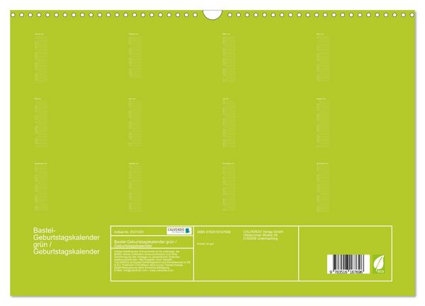 Produktbild: Bastel-Geburtstagskalender gr&uuml;n / Geburtstagskalender (Wandkalender 2026 DIN A3 quer), CALVENDO Monatskalender