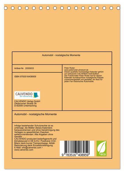 Produktbild: Automobil - nostalgische Momente (Tischkalender 2026 DIN A5 hoch), CALVENDO Monatskalender