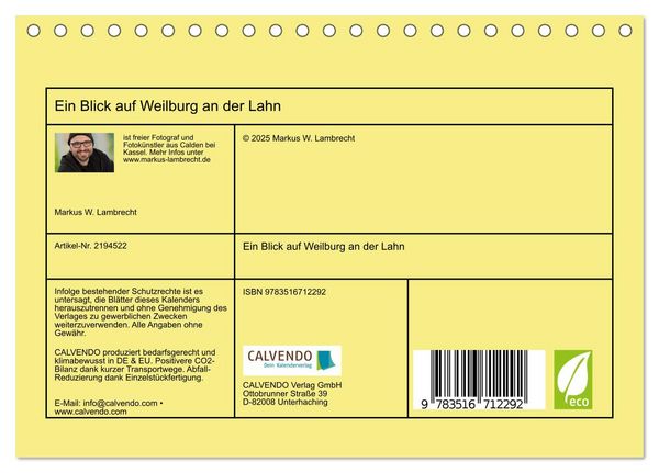 Produktbild: Ein Blick auf Weilburg an der Lahn (Tischkalender 2026 DIN A5 quer), CALVENDO Monatskalender