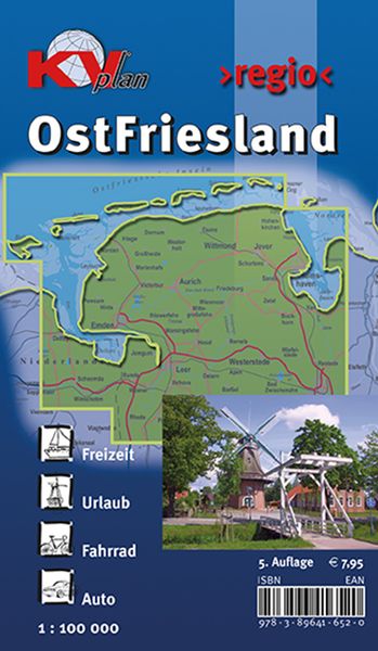 Produktbild: Ostfriesland >regio< (ganze Region ostfriesische Halbinsel), KVplan, Radkarte/Freizeitkarte, 1:100.000 / 1:25.000