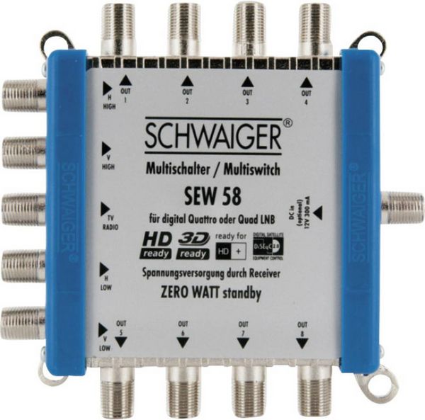 Schwaiger SEW58 531 SAT Multischalter Eingänge (Multischalter): 5 (4 SAT/1 terrestrisch) Teilnehmer-Anzahl: 8 StandBy-Fu