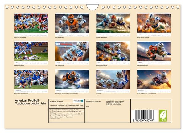 Produktbild: American Football - Touchdown durchs Jahr (Wandkalender 2026 DIN A4 quer), CALVENDO Monatskalender