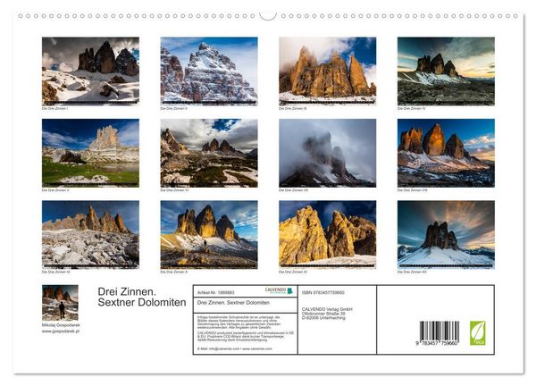 Produktbild: Drei Zinnen. Sextner Dolomiten (hochwertiger Premium Wandkalender 2026 DIN A2 quer), Kunstdruck in Hochglanz