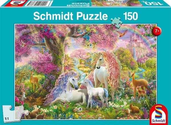 Schmidt Spiele 56387 - Einhornfamilie im Blütenwald, Kinderpuzzle Standard 150 Teile