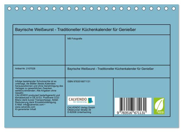 Produktbild: Bayrische Wei&szlig;wurst - Traditioneller K&uuml;chenkalender f&uuml;r Genie&szlig;er (Tischkalender 2026 DIN A5 quer), CALVENDO Monatskalender