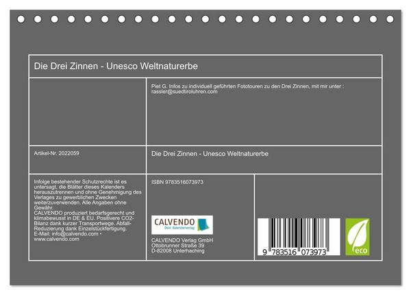 Produktbild: Die Drei Zinnen - Unesco Weltnaturerbe (Tischkalender 2026 DIN A5 quer), CALVENDO Monatskalender