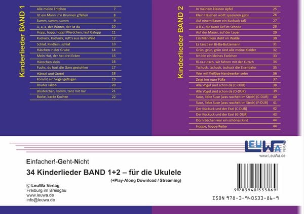Produktbild: Einfacher!-Geht-Nicht: 34 Kinderlieder BAND 1+2 f&uuml;r die Ukulele (+Play-Along-Streaming) | LeuWa