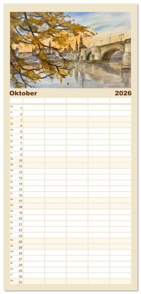 Produktbild: Familienplaner 2026 - Dresden und das Elbtal - Ein Aquarellkalender von Claudia Pinkau mit 5 Spalten (Wandkalender, 21 x 45 cm) CALVENDO