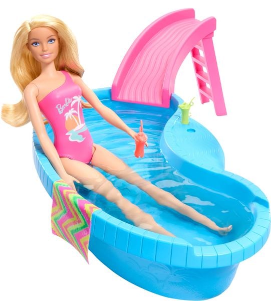 Produktbild: Barbie-Puppe und Pool Spielset, blonde Puppe mit Pool, Rutsche, Handtuch und Getränke-Accessoires