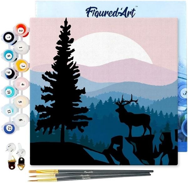 Produktbild: FiguredArt SFA009-Y - Mini Malen nach Zahlen, Majest&auml;tischer Hirsch und Landschaft, Leinwand-Keilrahmen 20x20cm, DIY Bastelset, Paint by Numbers