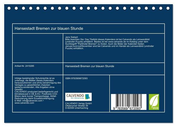 Produktbild: Hansestadt Bremen zur blauen Stunde (Tischkalender 2027 DIN A5 quer), CALVENDO Monatskalender