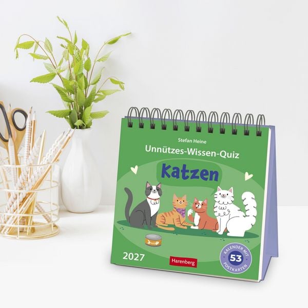 Produktbild: Unn&uuml;tzes-Wissen-Quiz Katzen Premium-Postkartenkalender 2027 - Kalender mit 53 R&auml;tselkarten