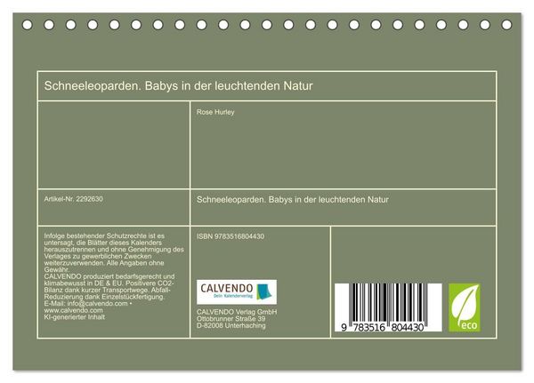 Produktbild: Schneeleoparden. Babys in der leuchtenden Natur (Tischkalender 2027 DIN A5 quer), CALVENDO Monatskalender
