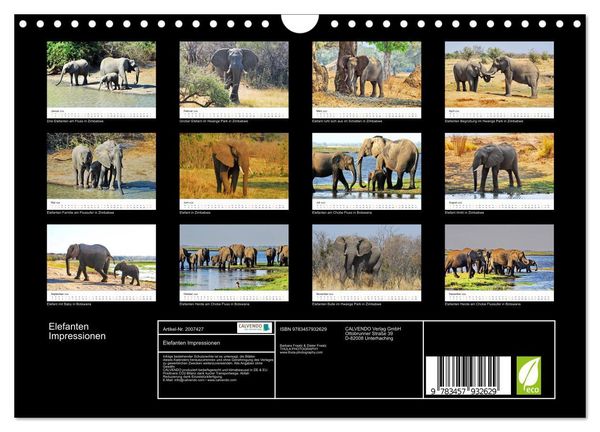 Produktbild: Elefanten Impressionen (Wandkalender 2026 DIN A4 quer), CALVENDO Monatskalender