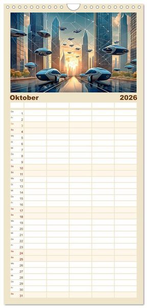 Produktbild: Familienplaner 2026 - Zukunftsvision Megacity mit 5 Spalten (Wandkalender, 21 x 45 cm) CALVENDO