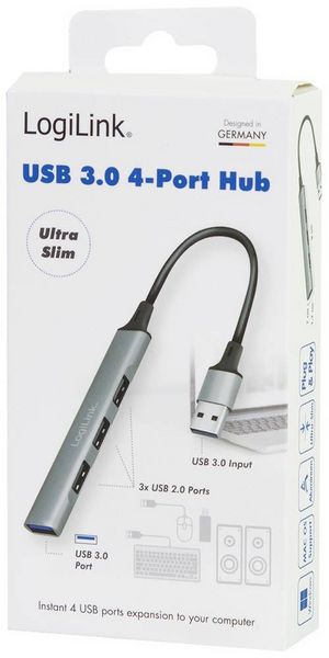 Produktbild: LogiLink UA0391 USB-Hub 4 Port USB-A USB 3.0 5 GBit/s Aluminium-Grau UA0391