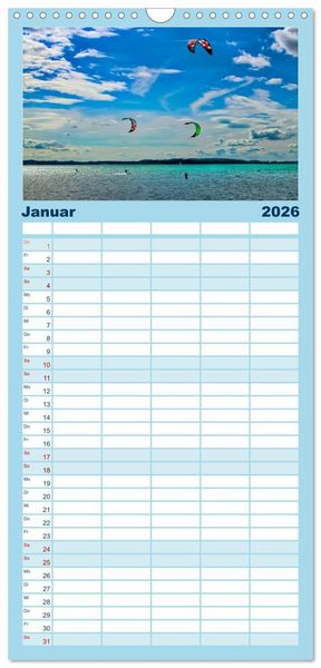 Produktbild: Familienplaner 2026 - Kitesurfen - &uuml;ber den Wellen mit 5 Spalten (Wandkalender, 21 x 45 cm) CALVENDO