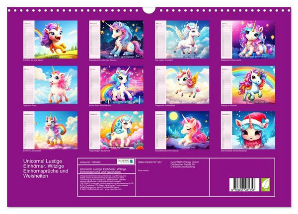 Produktbild: Unicorns! Lustige Einh&ouml;rner. Witzige Einhornspr&uuml;che und Weisheiten (Wandkalender 2026 DIN A3 quer), CALVENDO Monatskalender