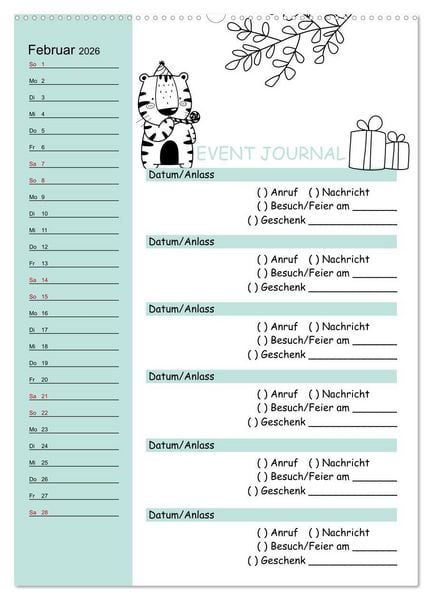 Produktbild: Geburtstagsplaner Doodle Tiere - F&uuml;r Termine, Geschenke, Eventdetails & mehr (Wandkalender 2026 DIN A2 hoch), CALVENDO Monatskalender