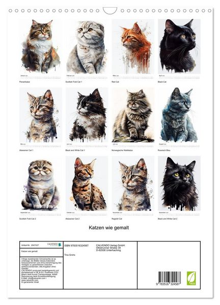 Produktbild: Katzen wie gemalt (Wandkalender 2026 DIN A3 hoch), CALVENDO Monatskalender